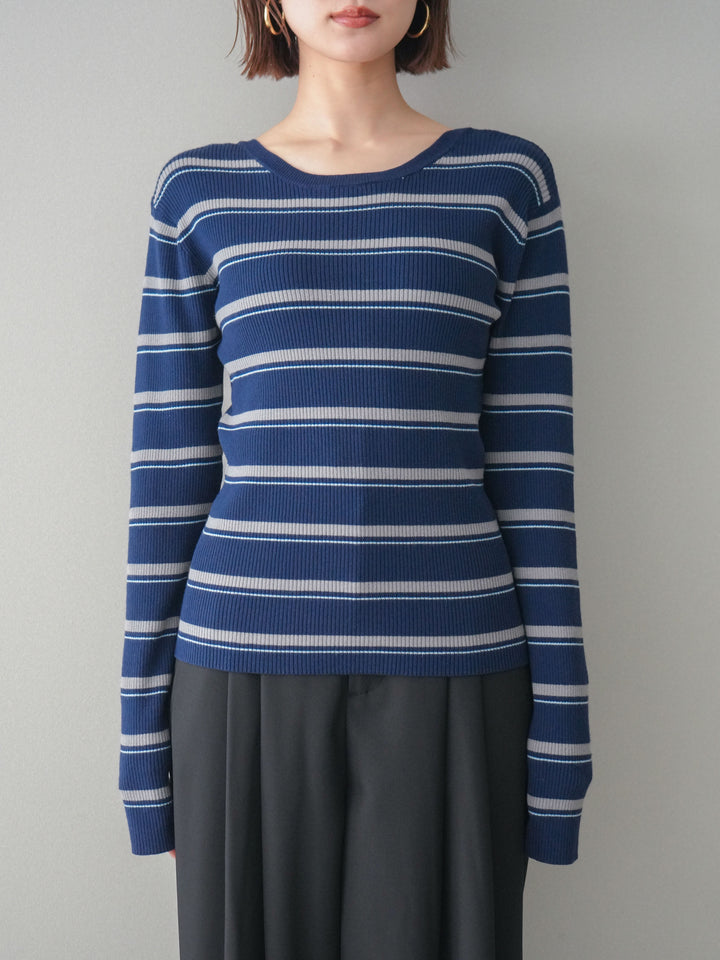 [予約]バックオープンテレコリブマルチボーダートップス/navy