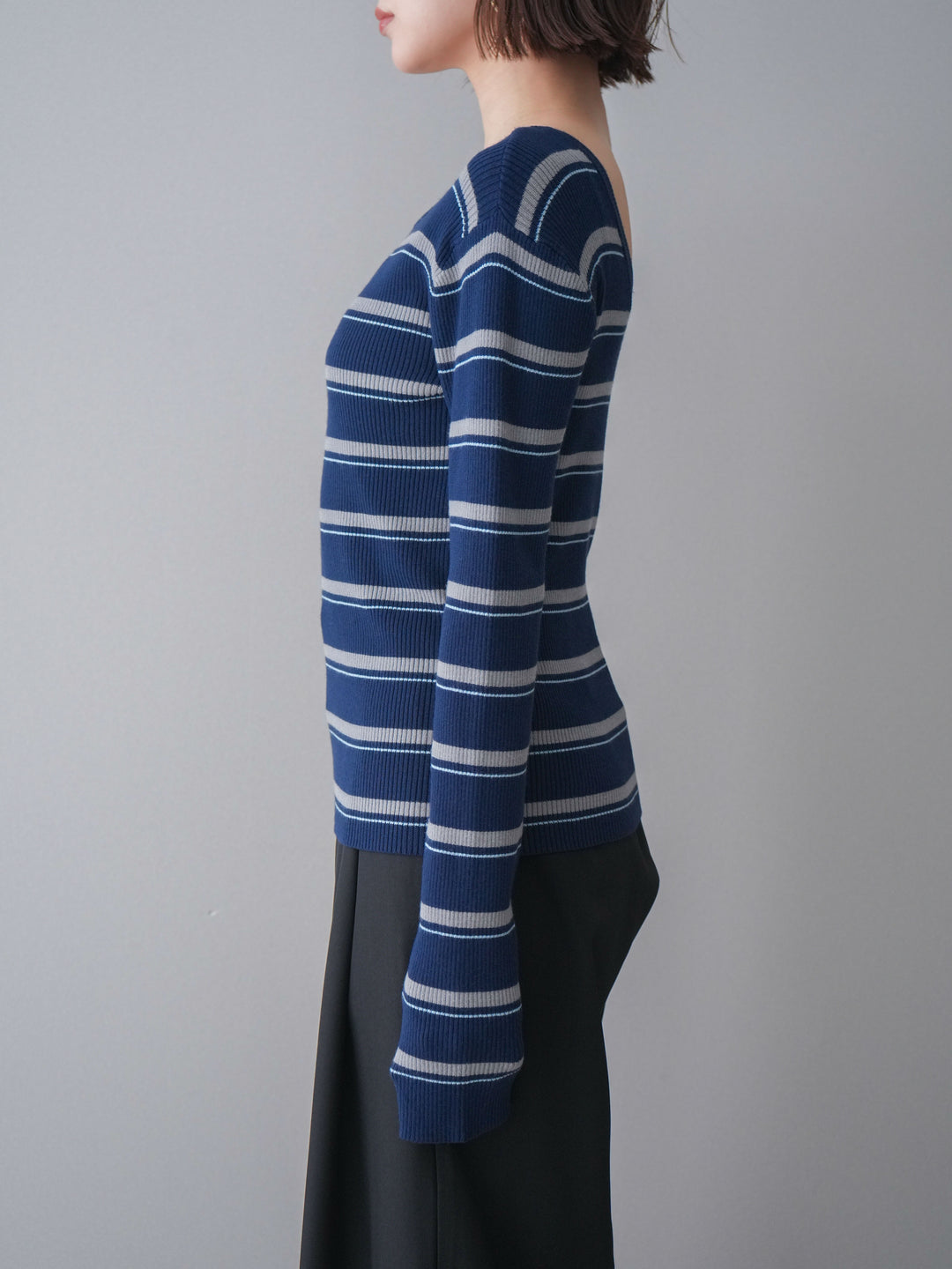 [予約]バックオープンテレコリブマルチボーダートップス/navy