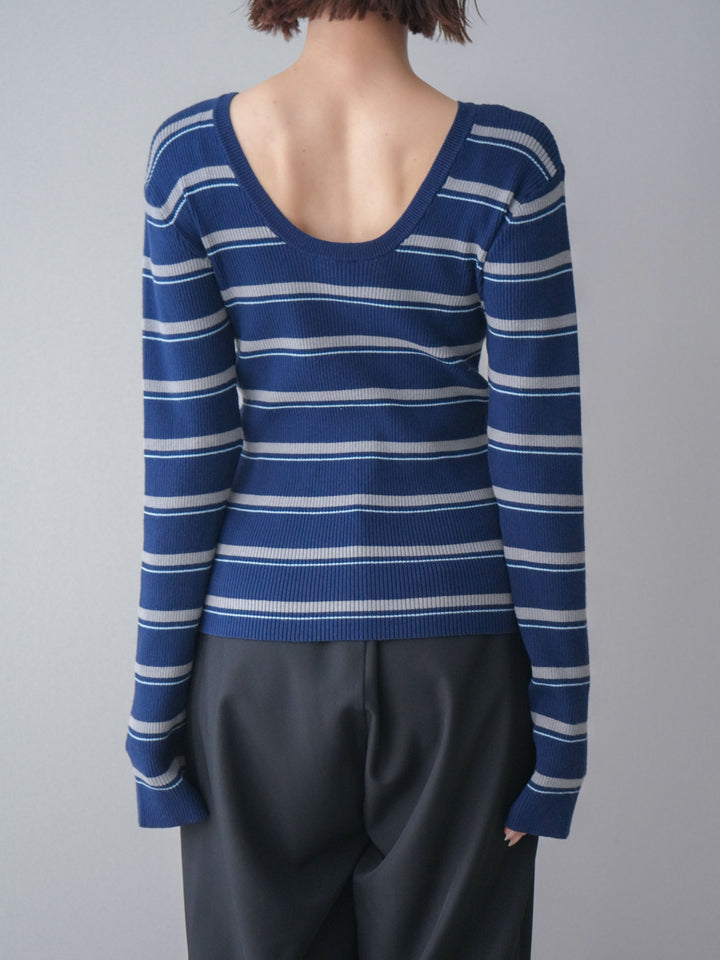 [予約]バックオープンテレコリブマルチボーダートップス/navy