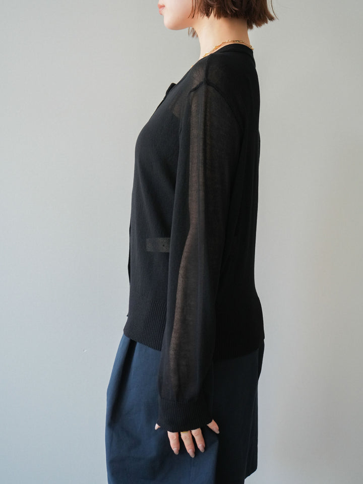 [予約]ゴールドボタンシアーニットカーディガン/black
