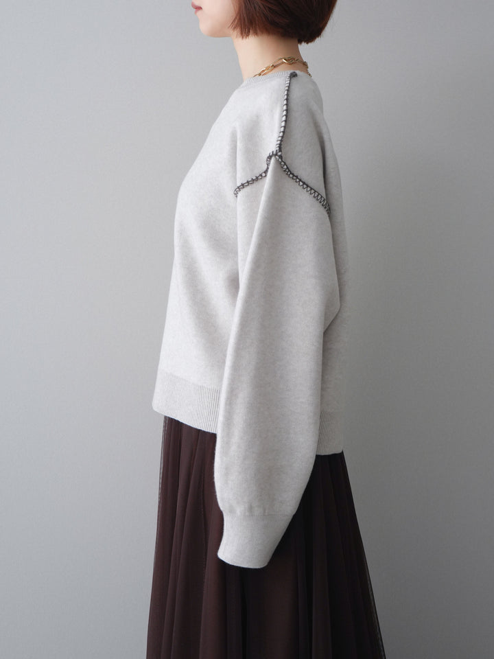 [予約]バックロゴ刺繍配色ステッチニットプルオーバー/lightgray