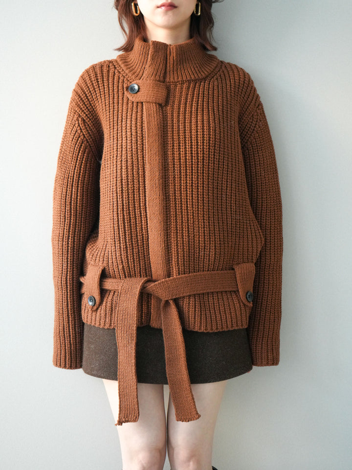 [予約]畦編みボトルネックZIPニットカーディガン/brown