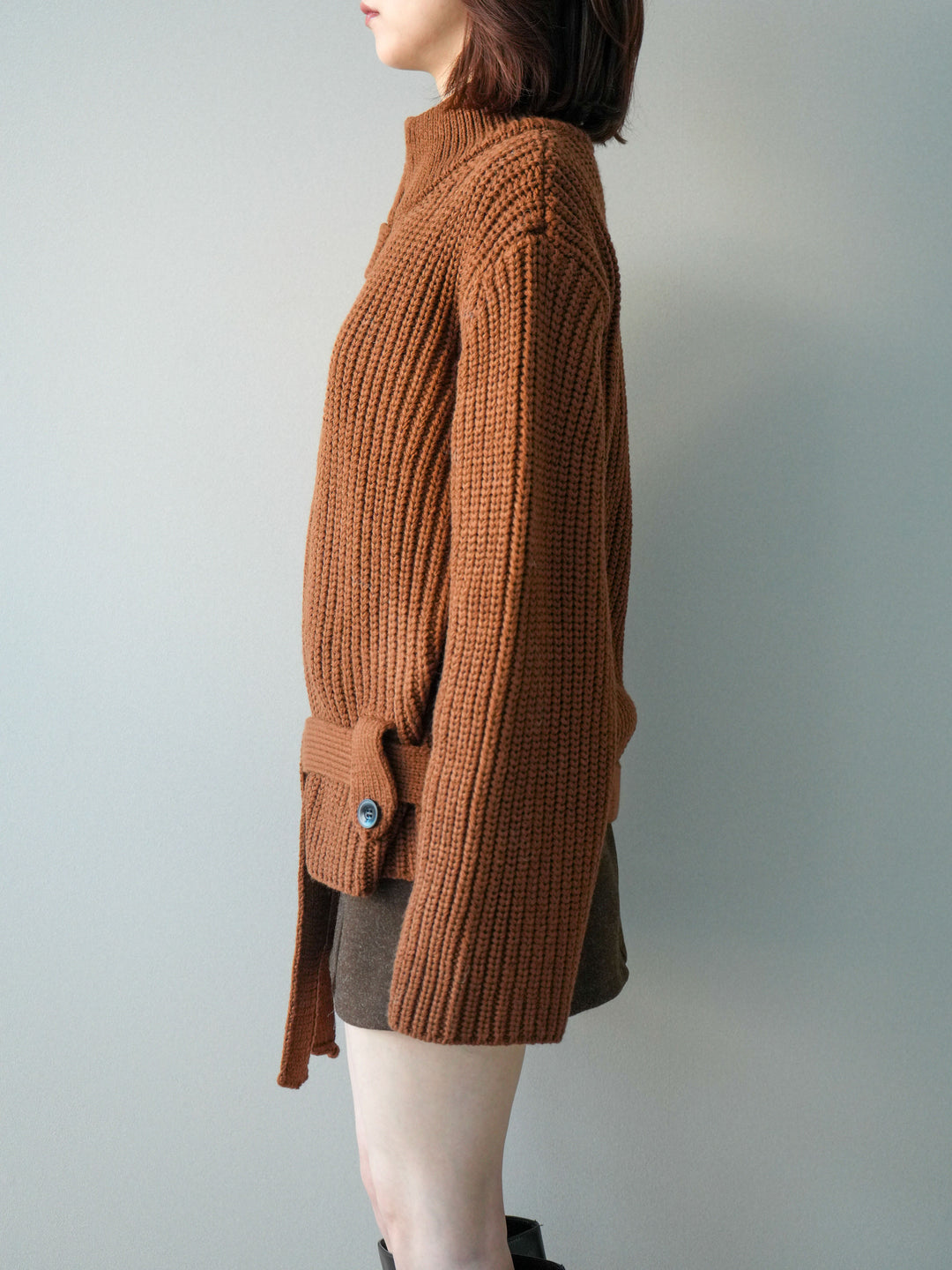 [予約]畦編みボトルネックZIPニットカーディガン/brown