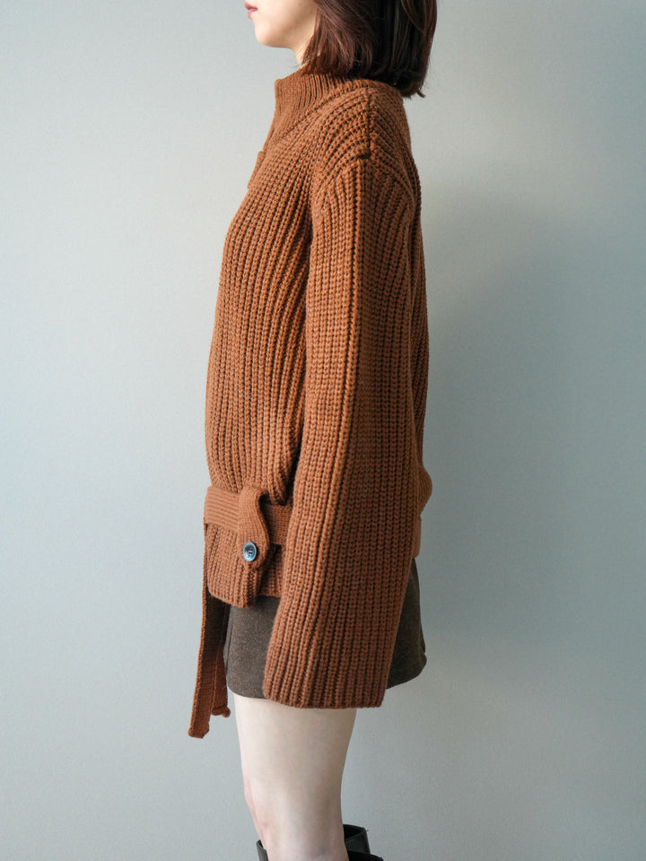 [予約]畦編みボトルネックZIPニットカーディガン/brown