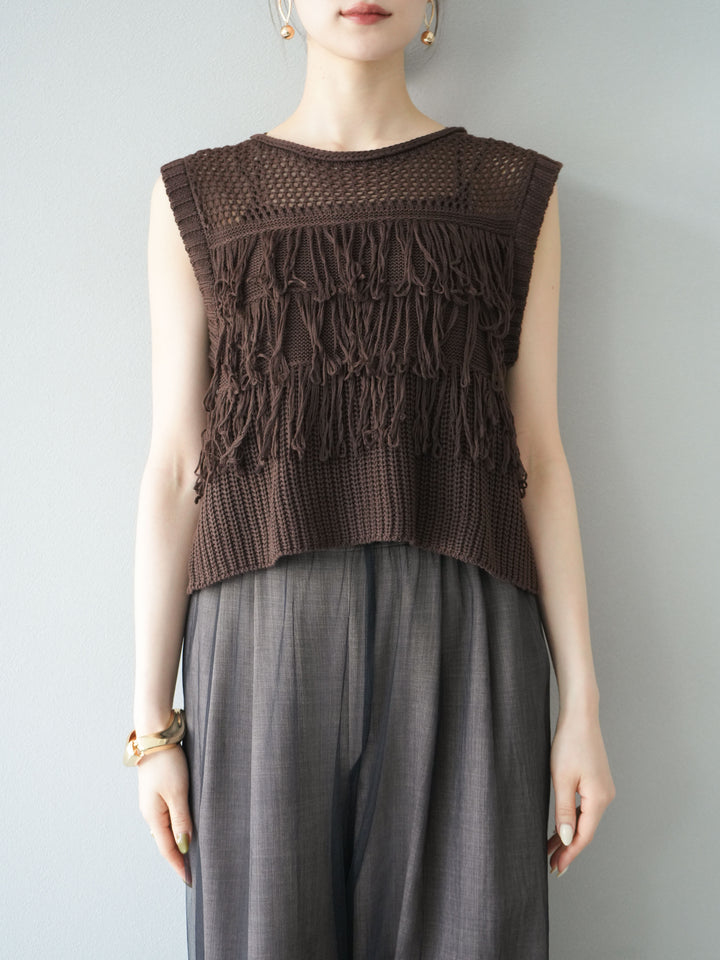 【預購】鏤空流蘇針織上衣/棕色