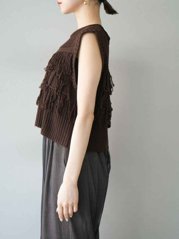 【預購】鏤空流蘇針織上衣/棕色