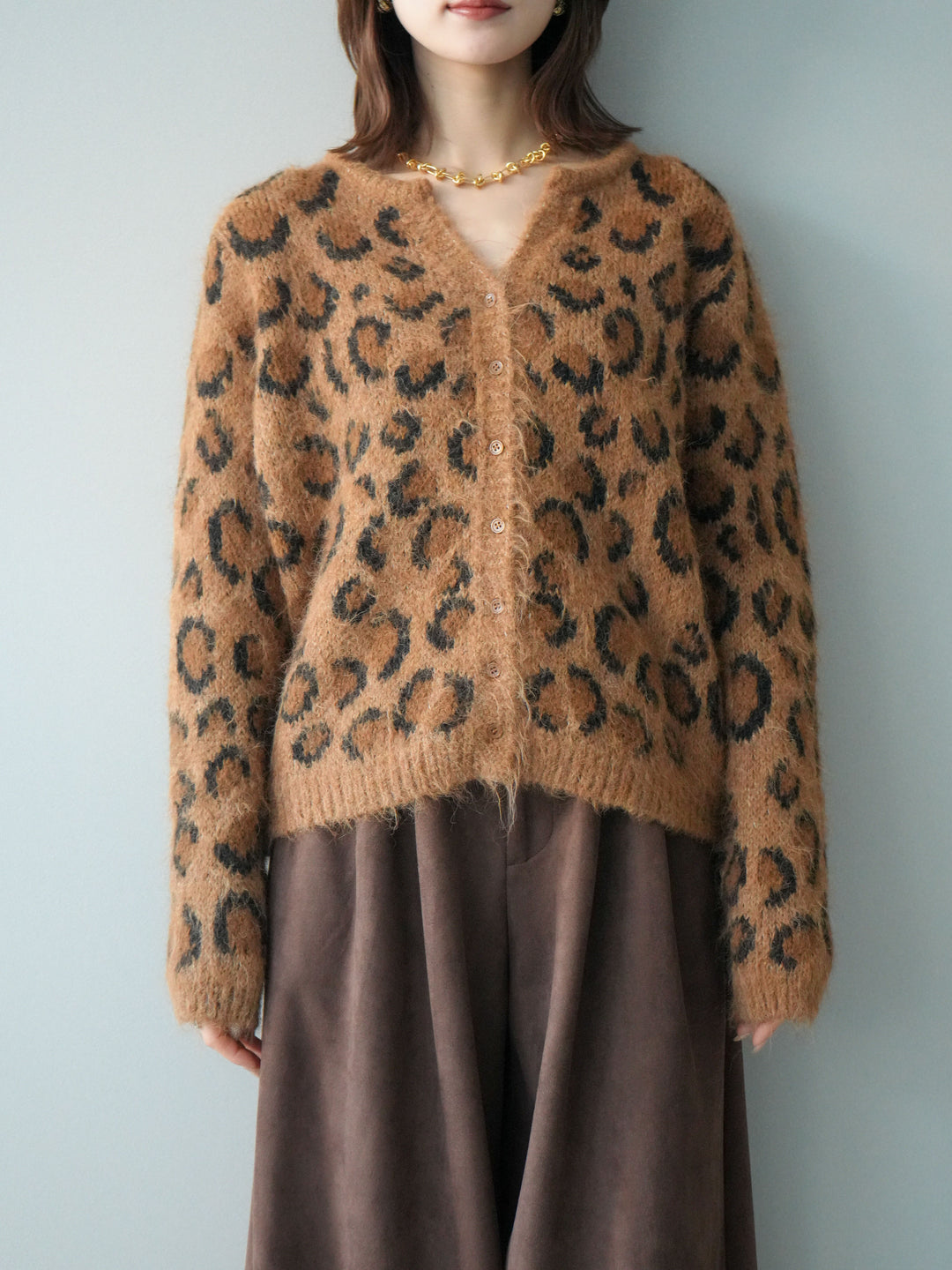 [予約]モヘアタッチレオパード柄ニットカーディガン/khaki