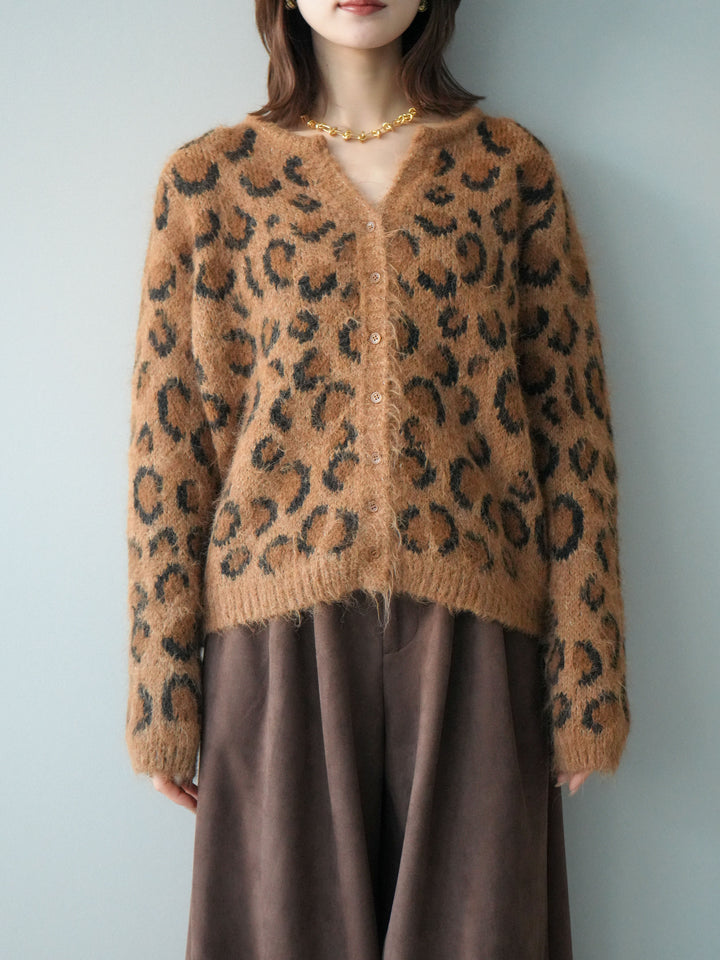 [予約]モヘアタッチレオパード柄ニットカーディガン/khaki