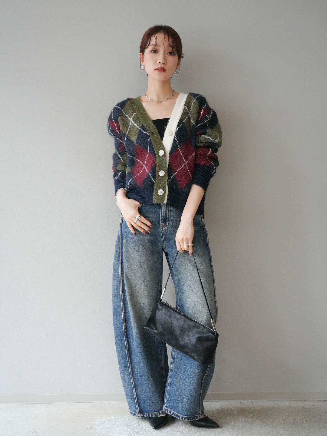 [予約]配色アーガイル柄ニットカーディガン/green