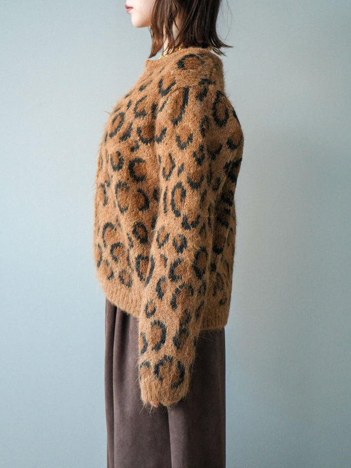 [予約]モヘアタッチレオパード柄ニットカーディガン/khaki