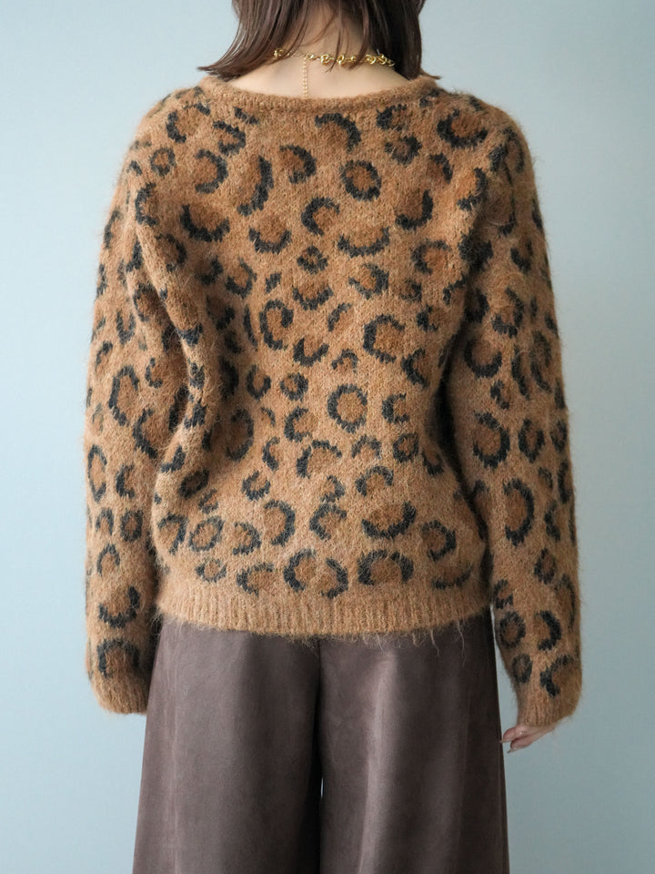 [予約]モヘアタッチレオパード柄ニットカーディガン/khaki