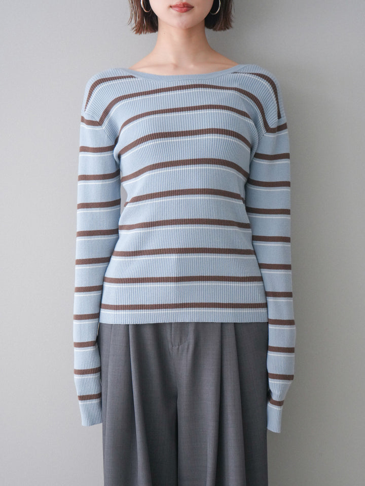 [予約]バックオープンテレコリブマルチボーダートップス/blue