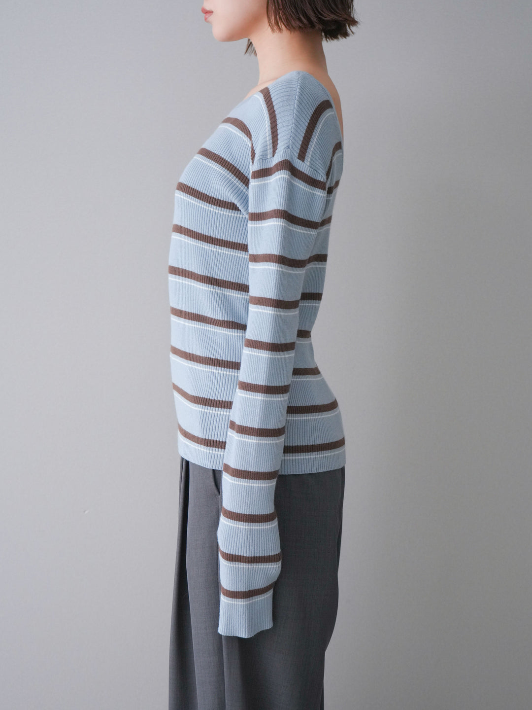 [予約]バックオープンテレコリブマルチボーダートップス/blue