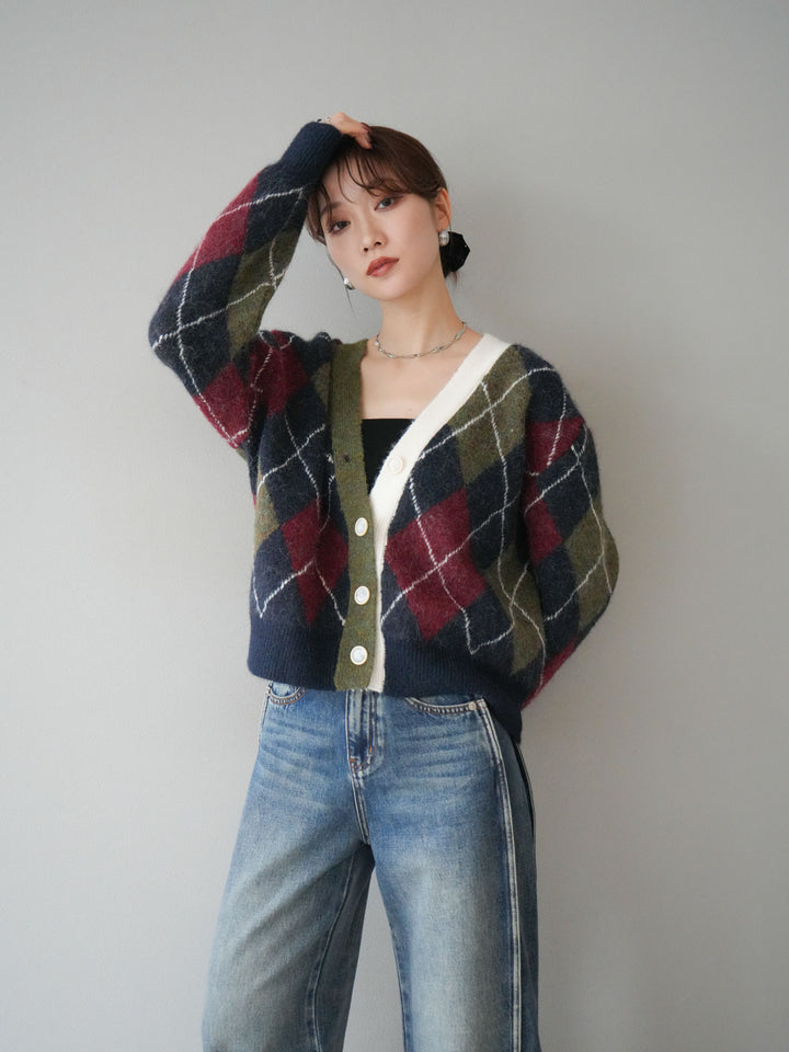 [予約]配色アーガイル柄ニットカーディガン/green