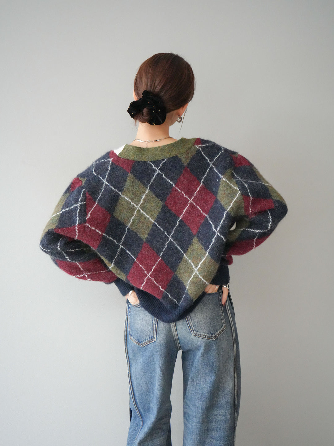 [予約]配色アーガイル柄ニットカーディガン/green