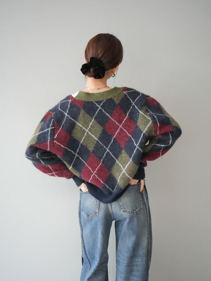 [予約]配色アーガイル柄ニットカーディガン/green