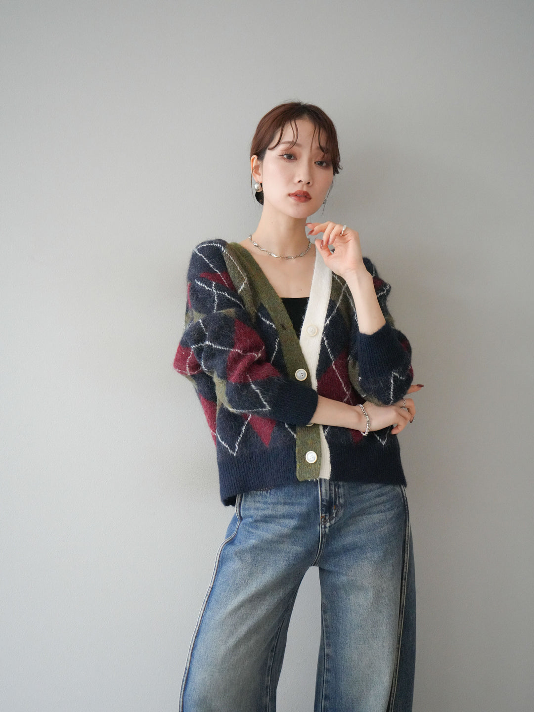 [予約]配色アーガイル柄ニットカーディガン/green