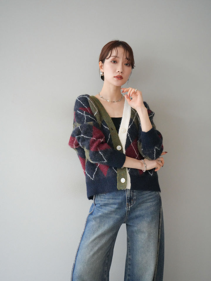 [予約]配色アーガイル柄ニットカーディガン/green