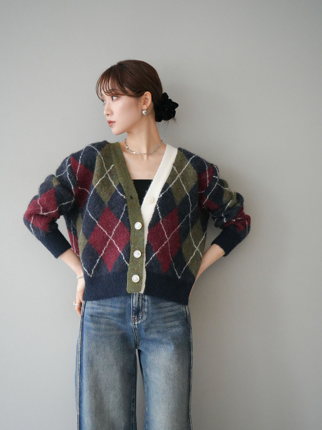 [予約]配色アーガイル柄ニットカーディガン/green