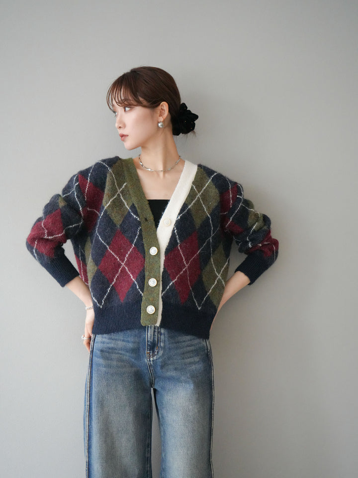 [予約]配色アーガイル柄ニットカーディガン/green
