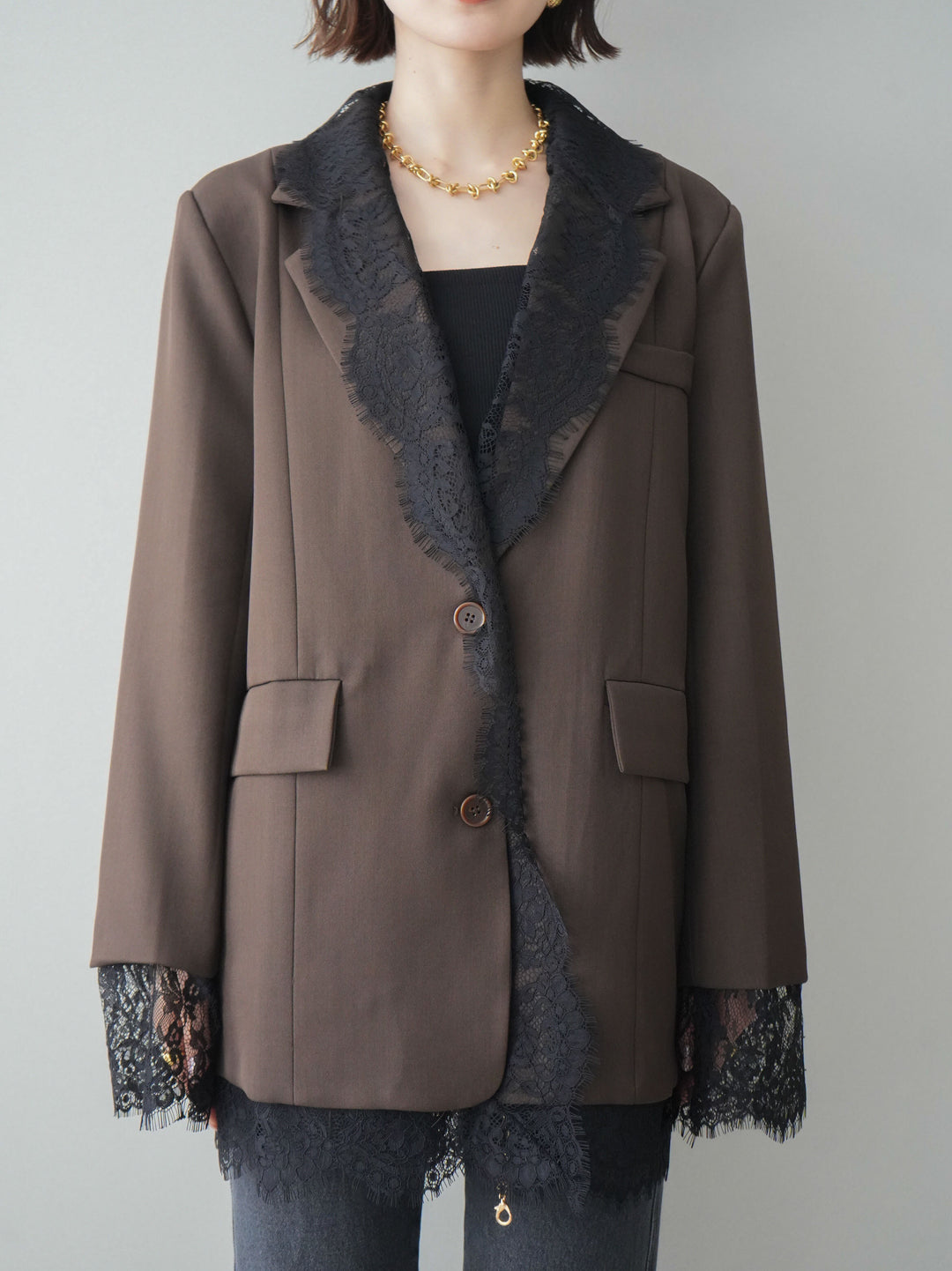 [予約]レースドッキングオーバージャケット/brown