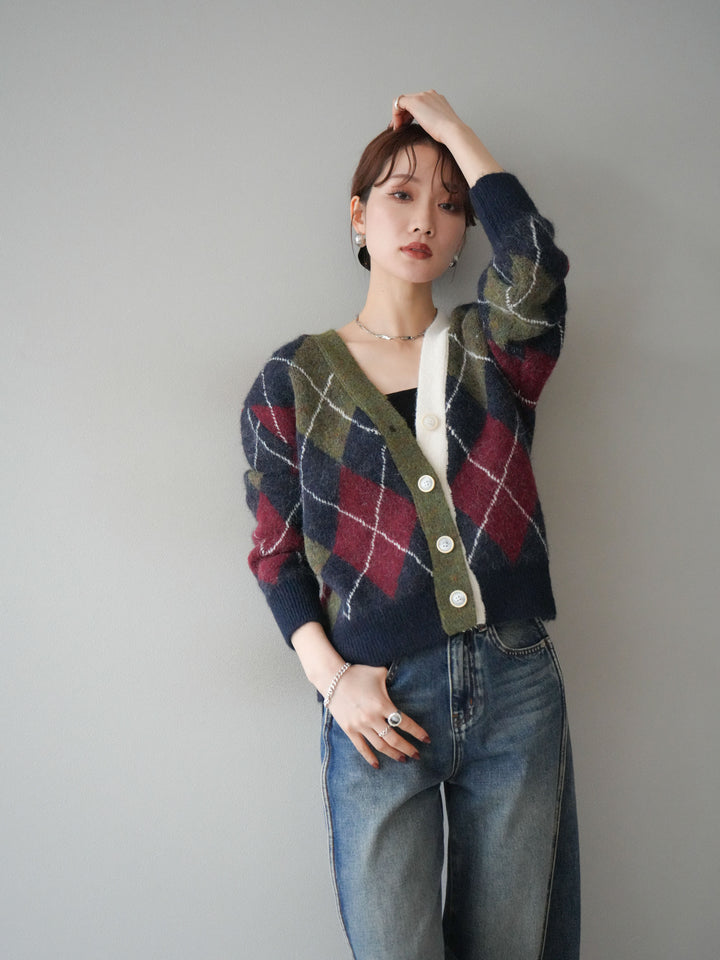 [予約]配色アーガイル柄ニットカーディガン/green