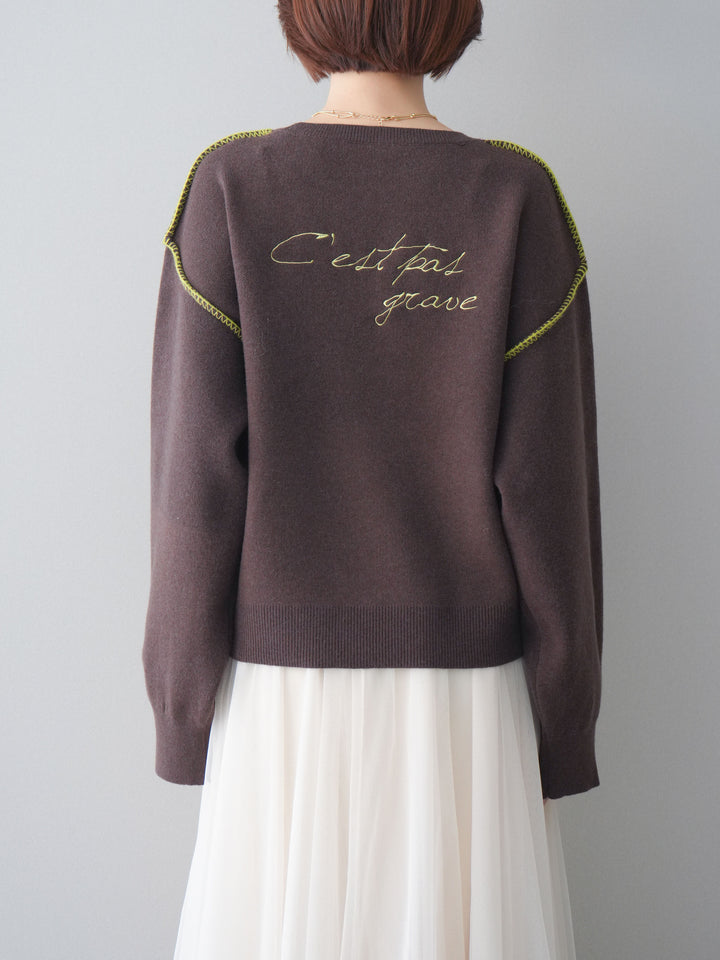 [予約]バックロゴ刺繍配色ステッチニットプルオーバー/brown