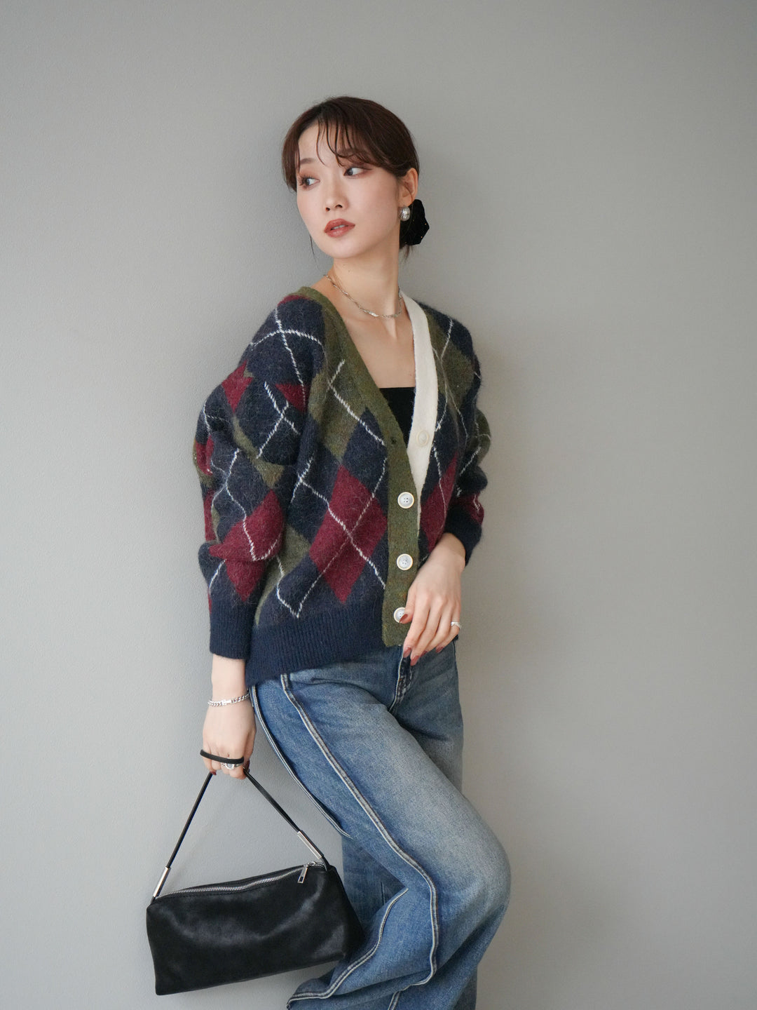 [予約]配色アーガイル柄ニットカーディガン/green