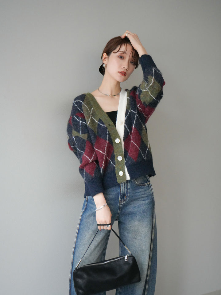 [予約]配色アーガイル柄ニットカーディガン/green