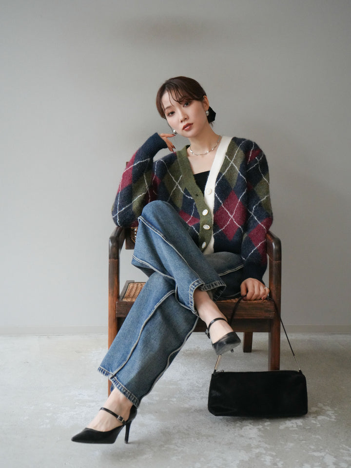 [予約]配色アーガイル柄ニットカーディガン/green