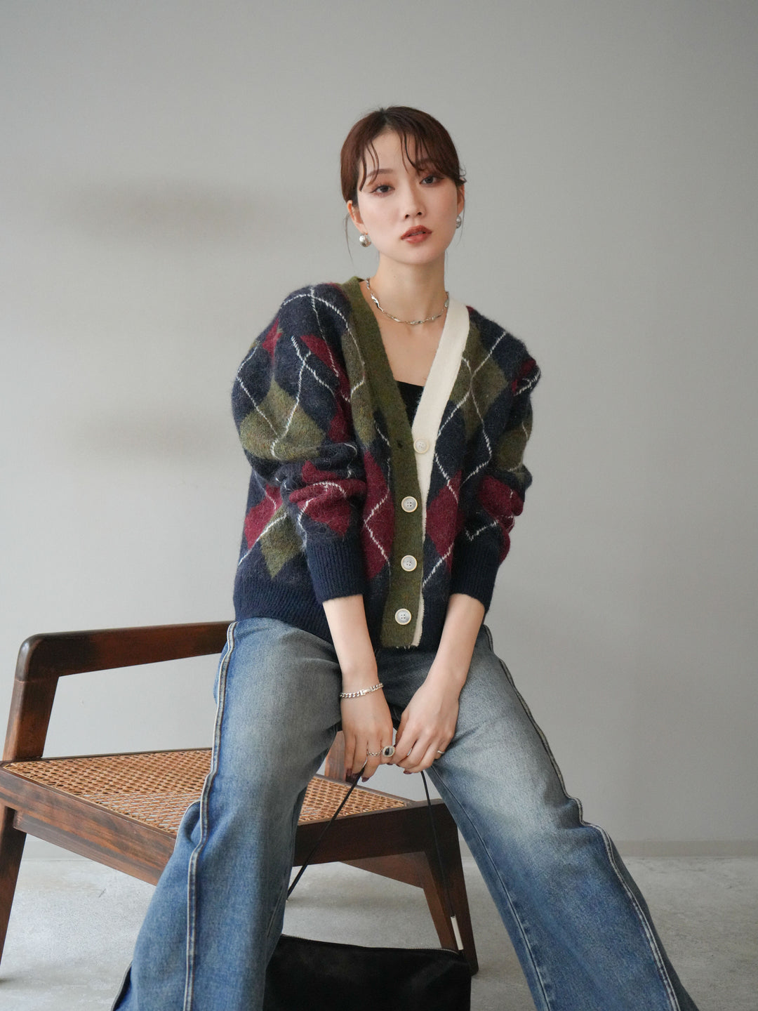 [予約]配色アーガイル柄ニットカーディガン/green