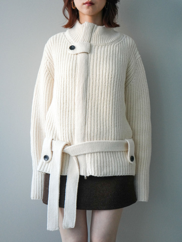 [予約]畦編みボトルネックZIPニットカーディガン/white