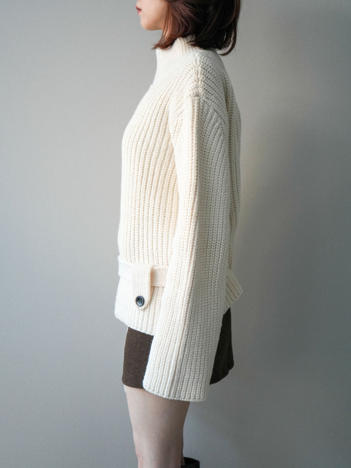 [予約]畦編みボトルネックZIPニットカーディガン/white