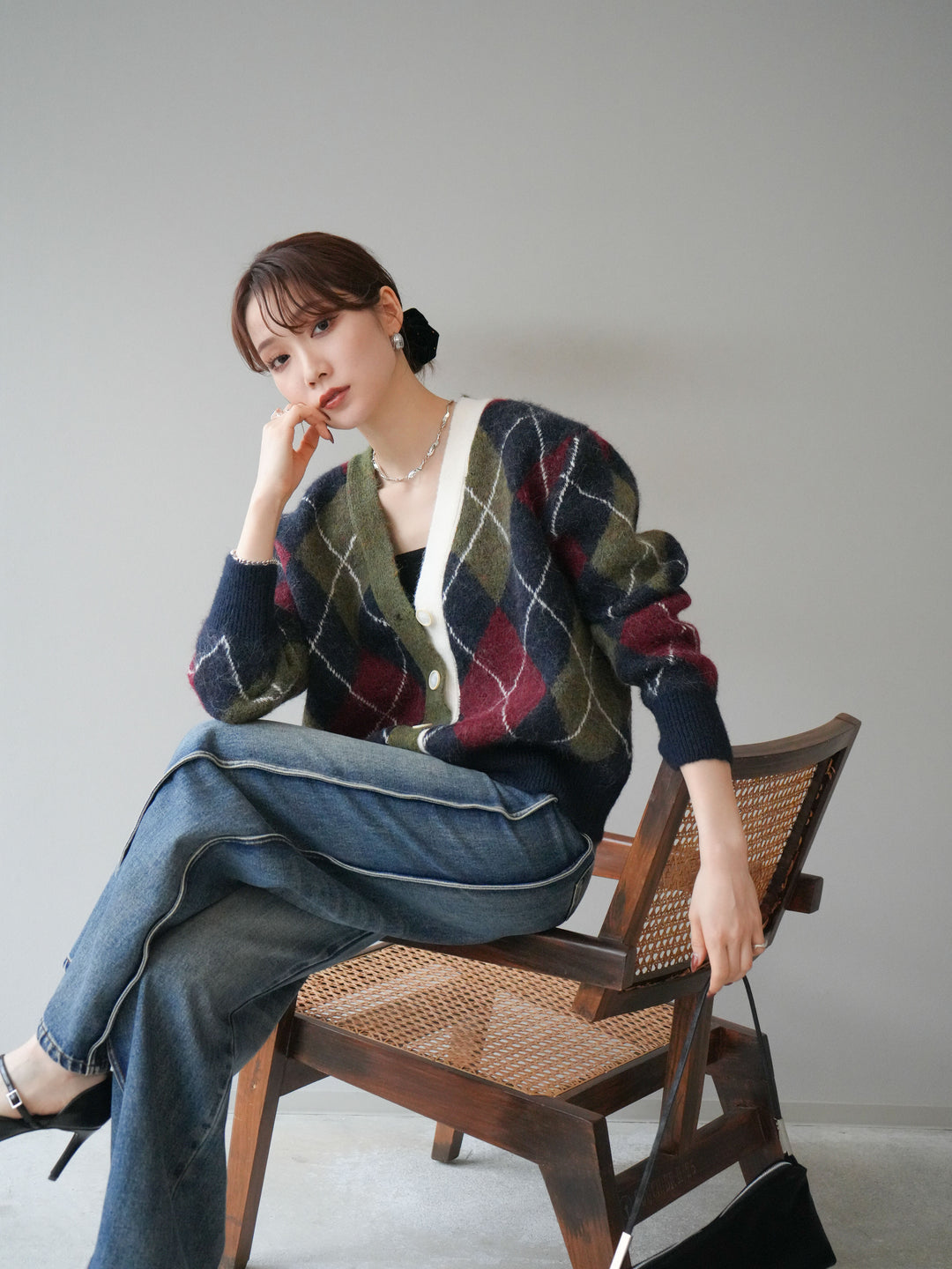 [予約]配色アーガイル柄ニットカーディガン/green