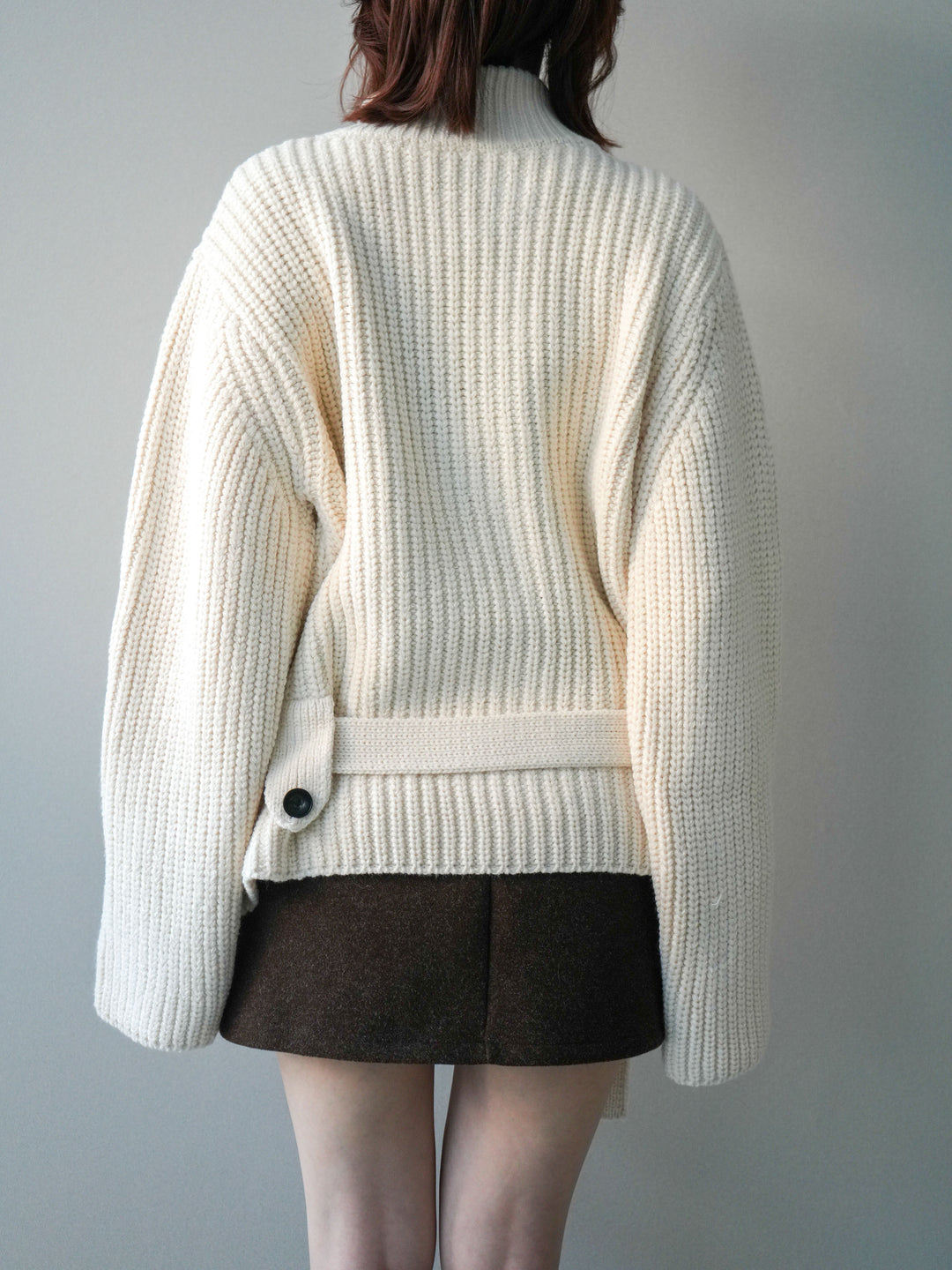[予約]畦編みボトルネックZIPニットカーディガン/white