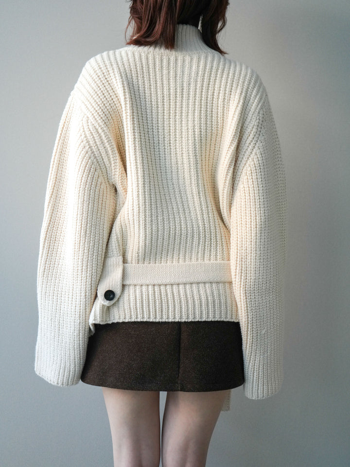 [予約]畦編みボトルネックZIPニットカーディガン/white