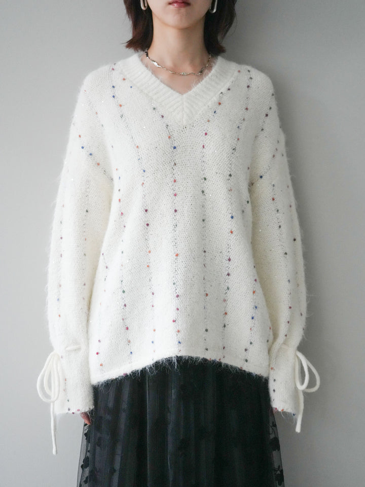 [予約]キャンディースリーブカラーネップスパンコールニットプルオーバー/white