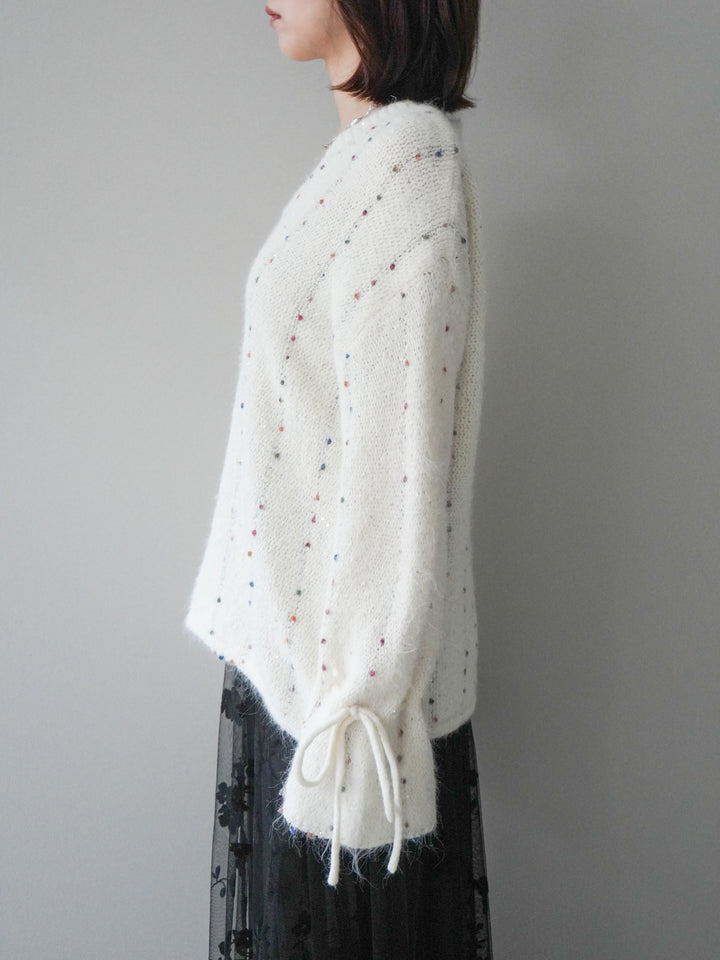 [予約]キャンディースリーブカラーネップスパンコールニットプルオーバー/white