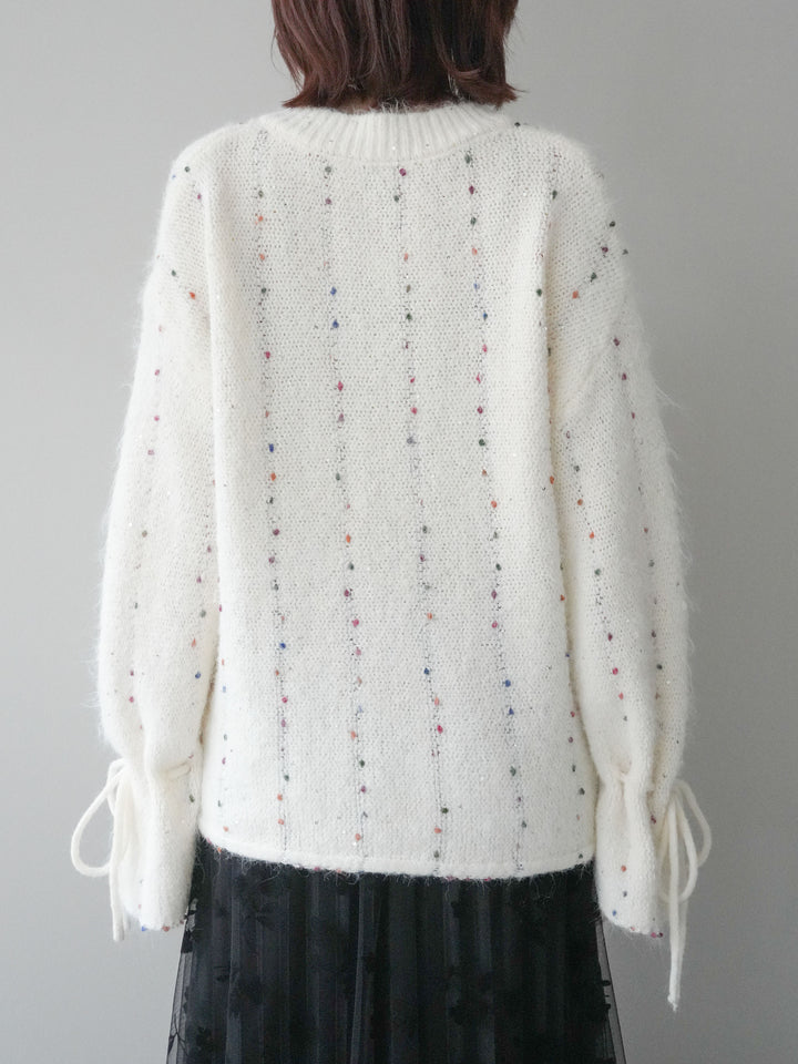 [予約]キャンディースリーブカラーネップスパンコールニットプルオーバー/white