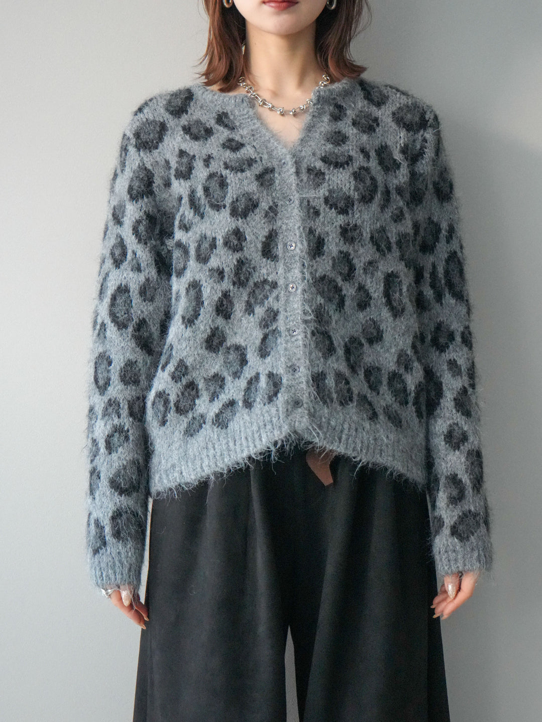 [予約]モヘアタッチレオパード柄ニットカーディガン/gray