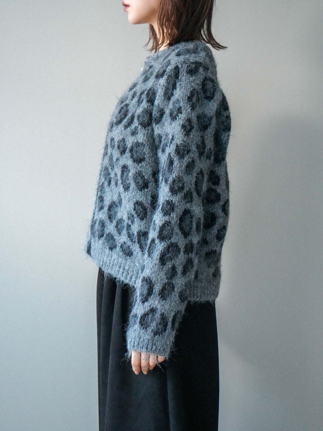 [予約]モヘアタッチレオパード柄ニットカーディガン/gray