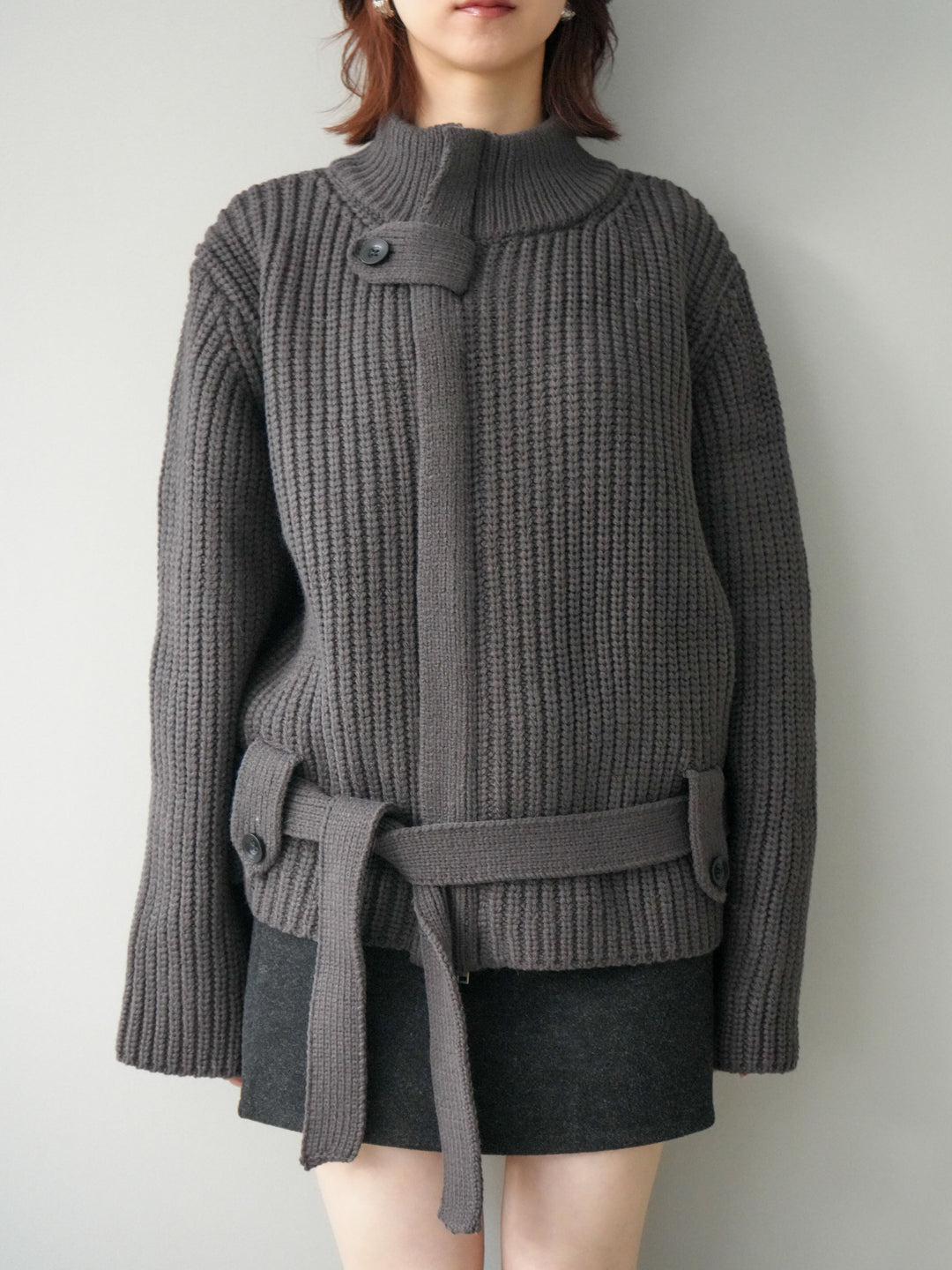 [予約]畦編みボトルネックZIPニットカーディガン/ gray