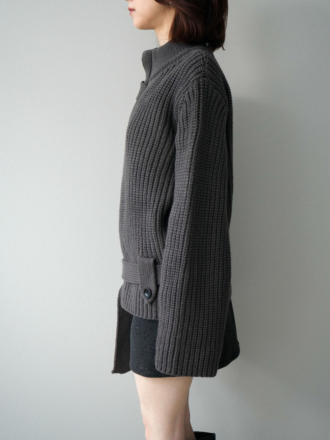 [予約]畦編みボトルネックZIPニットカーディガン/ gray