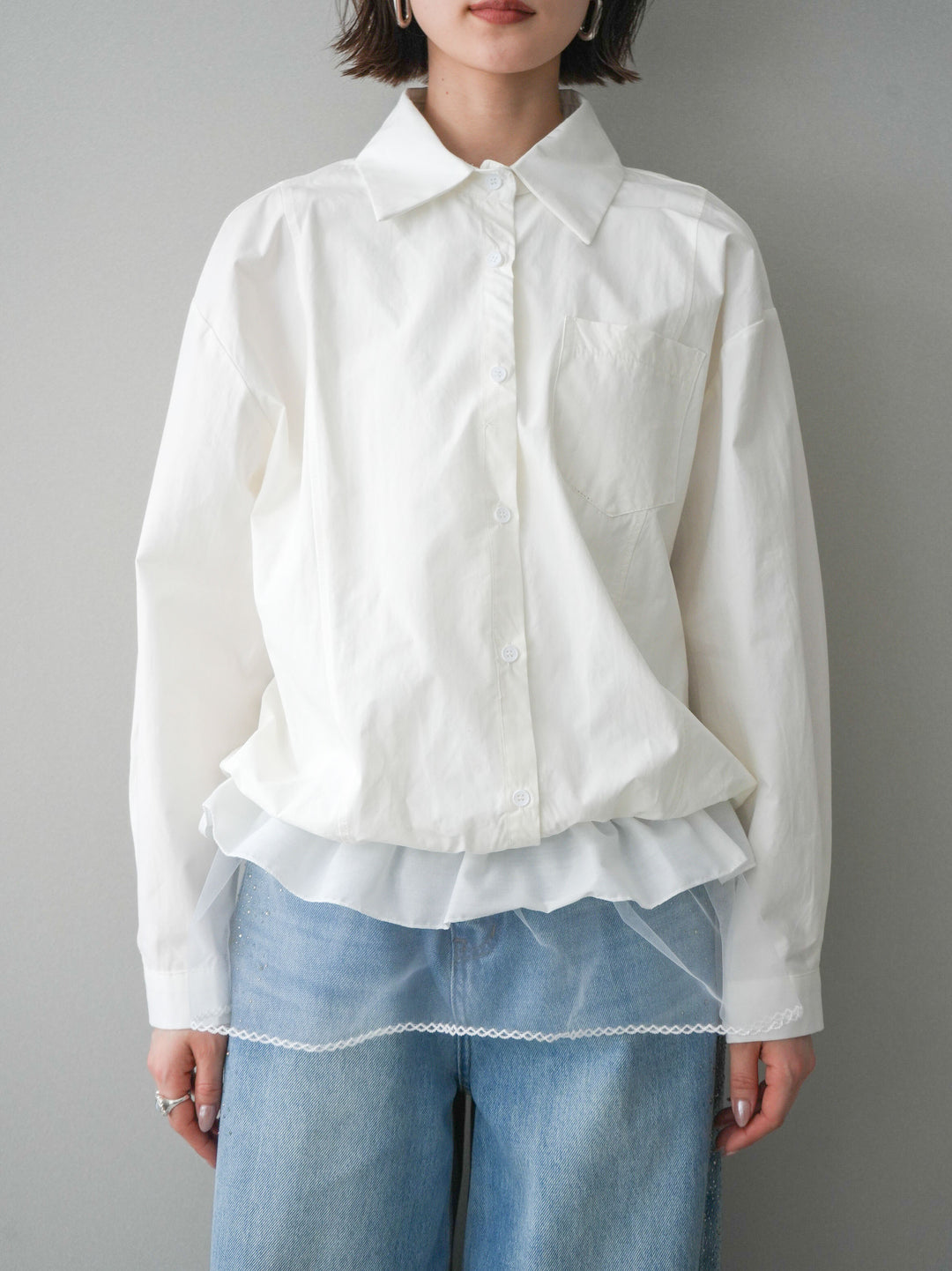 [予約]裾チュールノースリーブカットソー＆シャツドッキングトップス/white