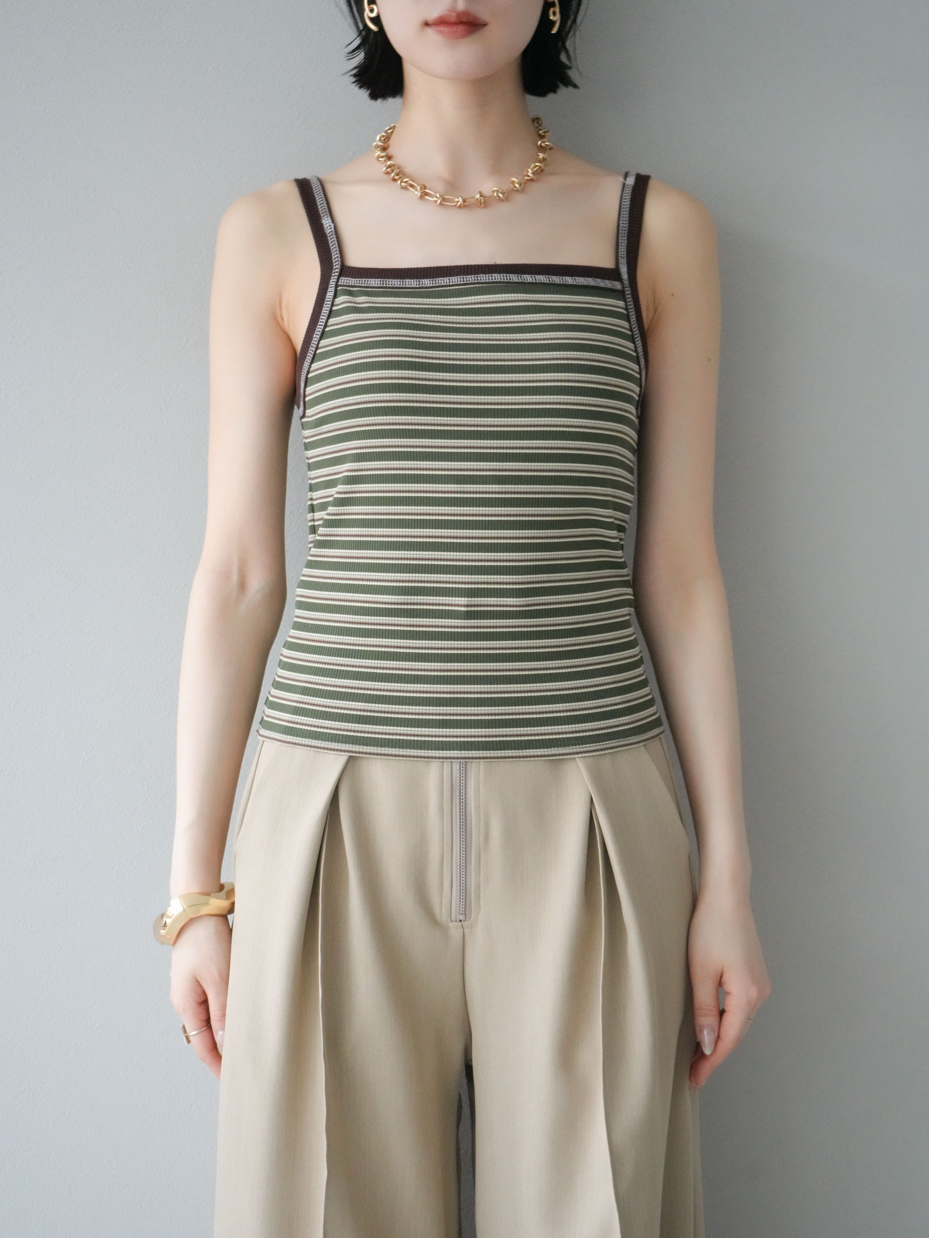 予約]マルチボーダーカップ付リブキャミソール/カーキ – Lumier