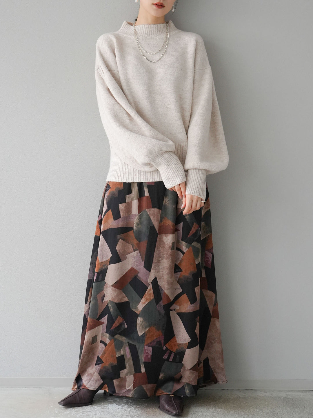 [予約]ボリュームスリーブプチネックニットプルオーバー/オートミール