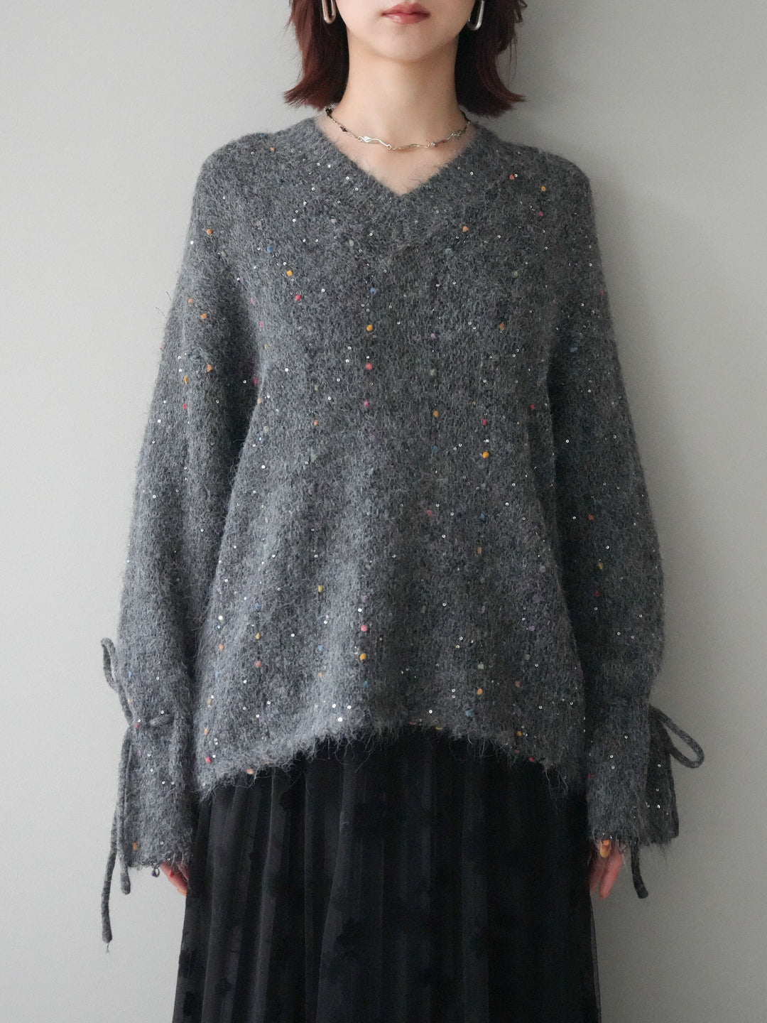 [予約]キャンディースリーブカラーネップスパンコールニットプルオーバー/gray