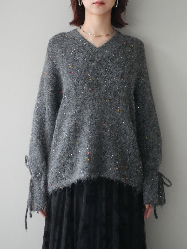 [予約]キャンディースリーブカラーネップスパンコールニットプルオーバー/gray