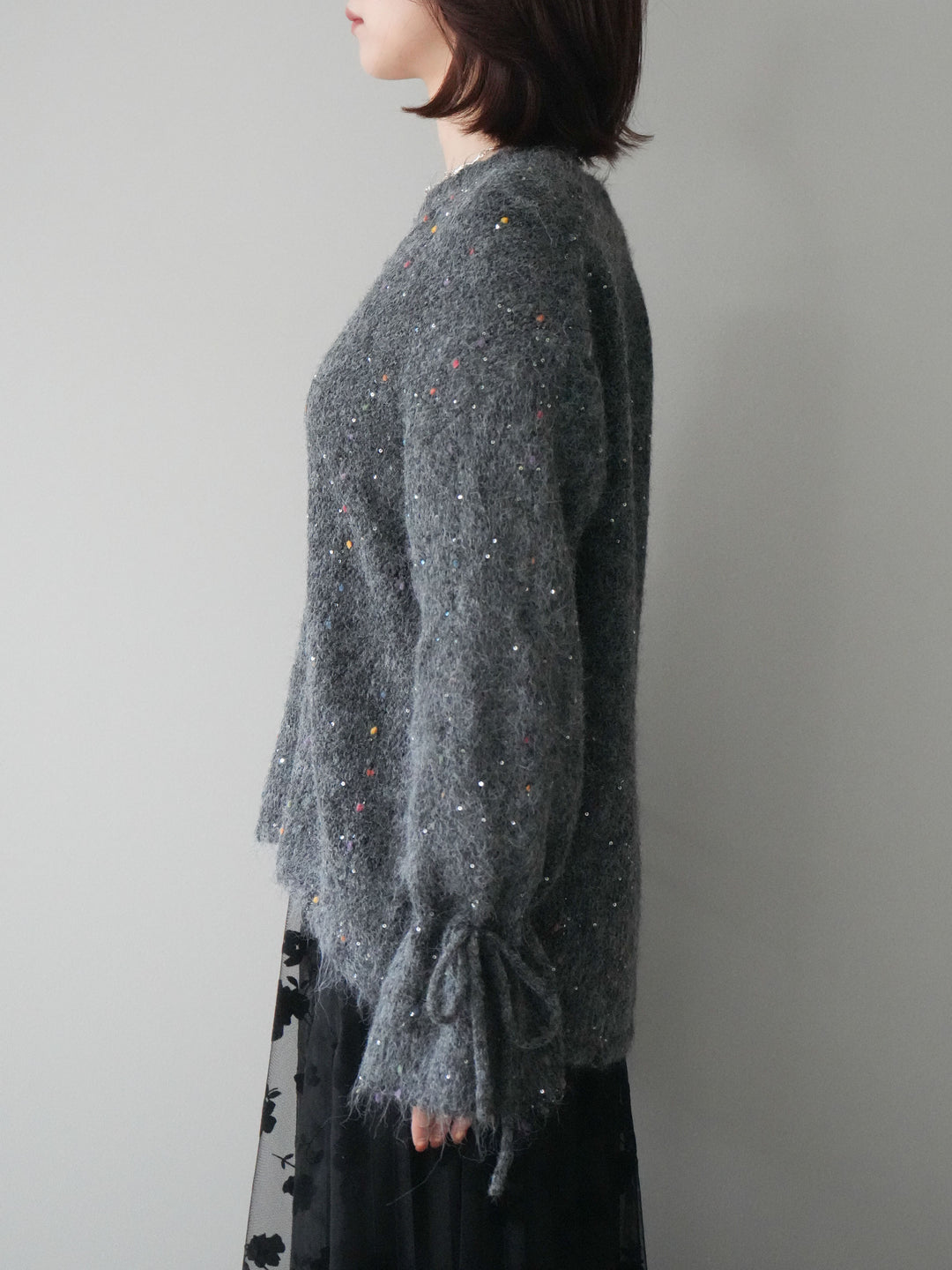 [予約]キャンディースリーブカラーネップスパンコールニットプルオーバー/gray
