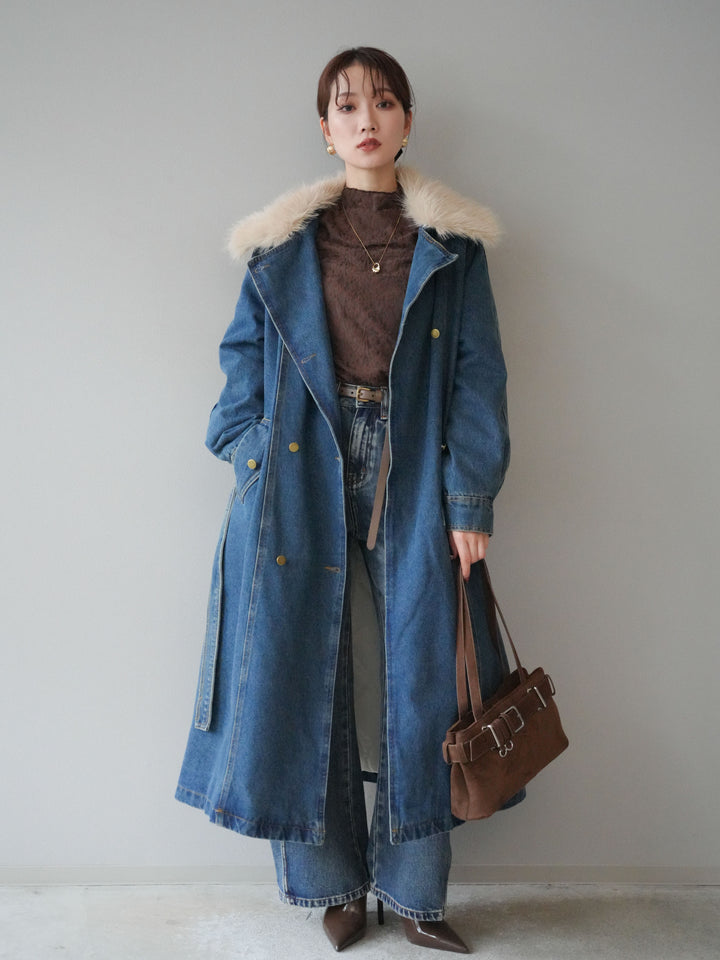 [予約]ファー襟デニムロングコート/blue